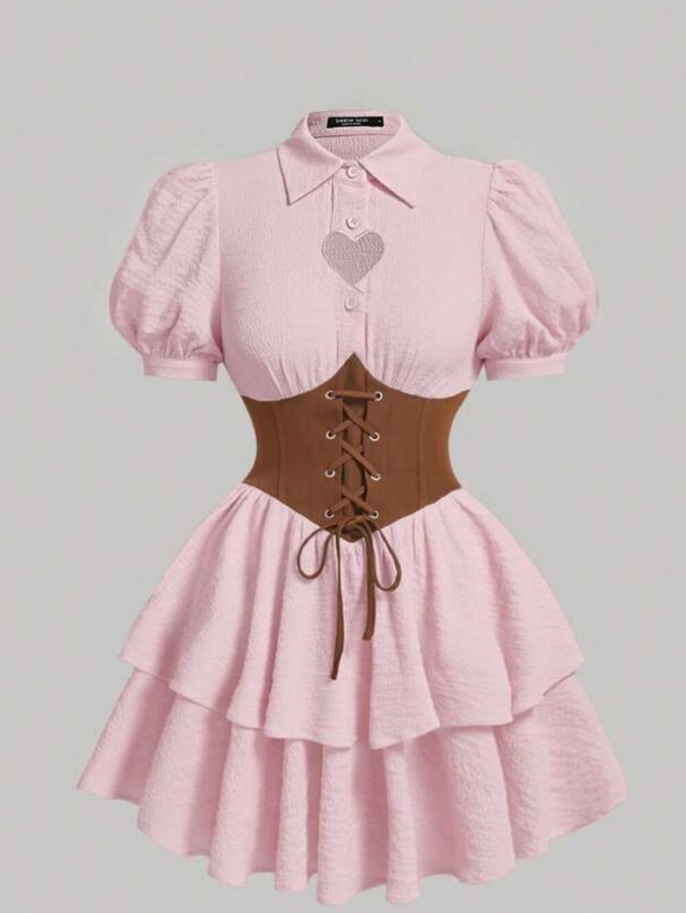 Cream Puff-Sleeve Tiered Dress with Brown Lace-Up Waist Corset
